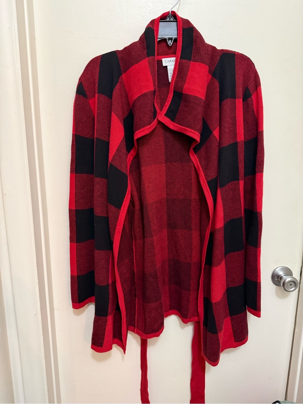 Caramel- Red & Black Buffalo Check Tie-Front Open Cardigan